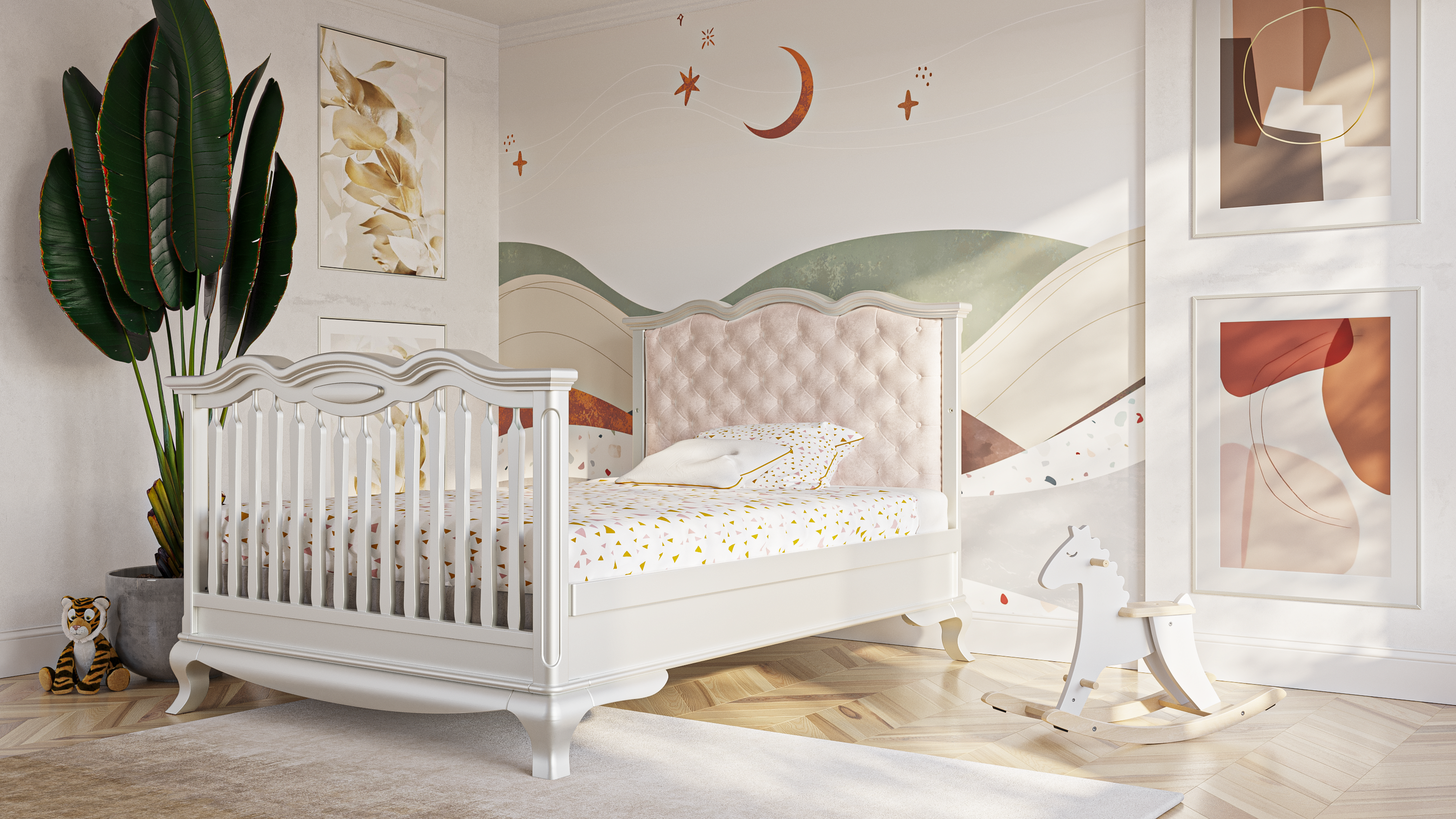 Lit bébé convertible Cléopâtre en bois massif – Lit bébé/adulte 4 en 1 de luxe – Design artisanal et traditionnel