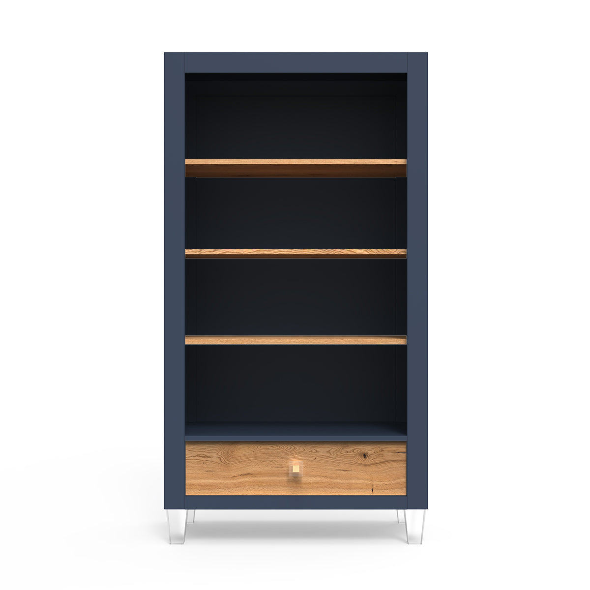 Millenario Solid Wood Bookcase – Modern Luxury Library with Storage Drawer – Designer Acrylic & Artisan Shelving