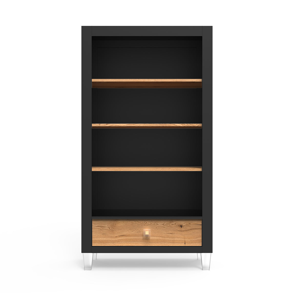 Millenario Solid Wood Bookcase – Modern Luxury Library with Storage Drawer – Designer Acrylic & Artisan Shelving