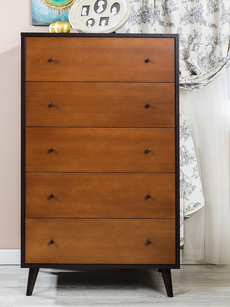 New York Solid Wood Tall Chest – Mid-Century Modern 5-Drawer Highboy – Handcrafted European Designer Storage with Eco-Leather Accents