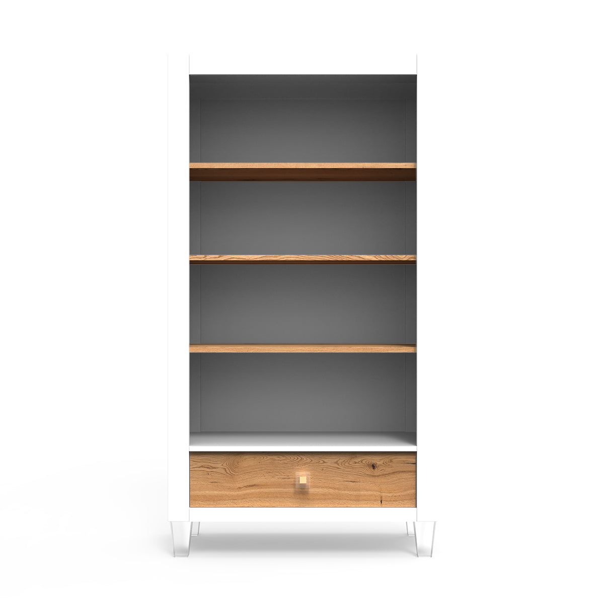 Millenario Solid Wood Bookcase – Modern Luxury Library with Storage Drawer – Designer Acrylic & Artisan Shelving
