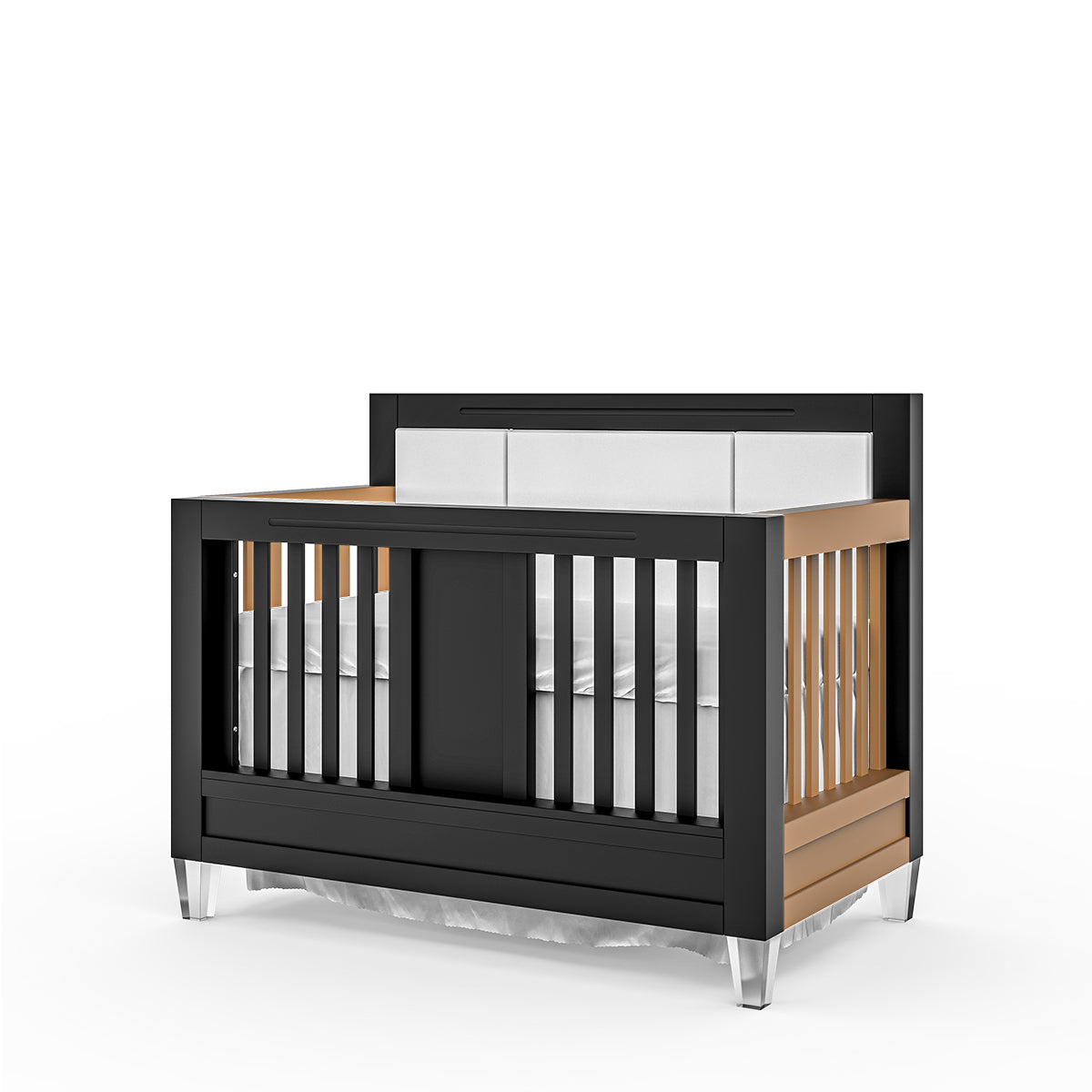 Millenario Tufted Convertible Crib – Modern Solid Wood & Acrylic Bed – 4-in-1 Lifestyle Heirloom with Padded Panel