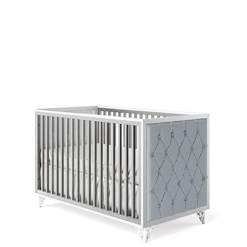Bella Solid Wood Upholstered Crib – Luxury Tufted Contemporary Bed – Handcrafted European Designer Crib with Tapered or Laser-Cut Metal Feet