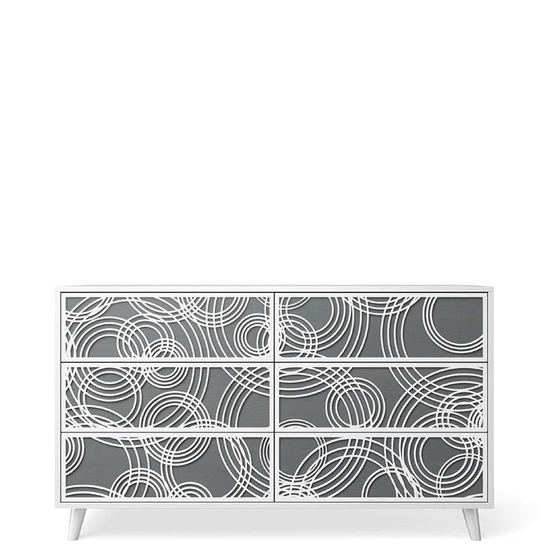 New York Massivholz-Doppelkommode – Mid-Century Modern Kommode mit 6 Schubladen – Handgefertigtes europäisches Designermöbelstück mit individueller Kunstapplikation