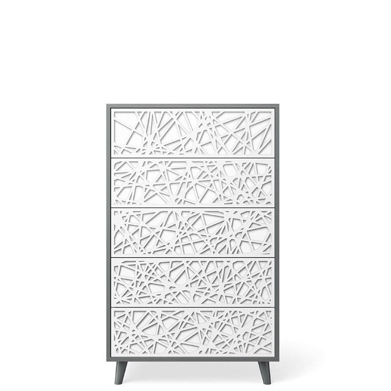 New York Solid Wood Tall Chest – Mid-Century Modern 5-Drawer Highboy – Handcrafted European Designer Storage with Eco-Leather Accents