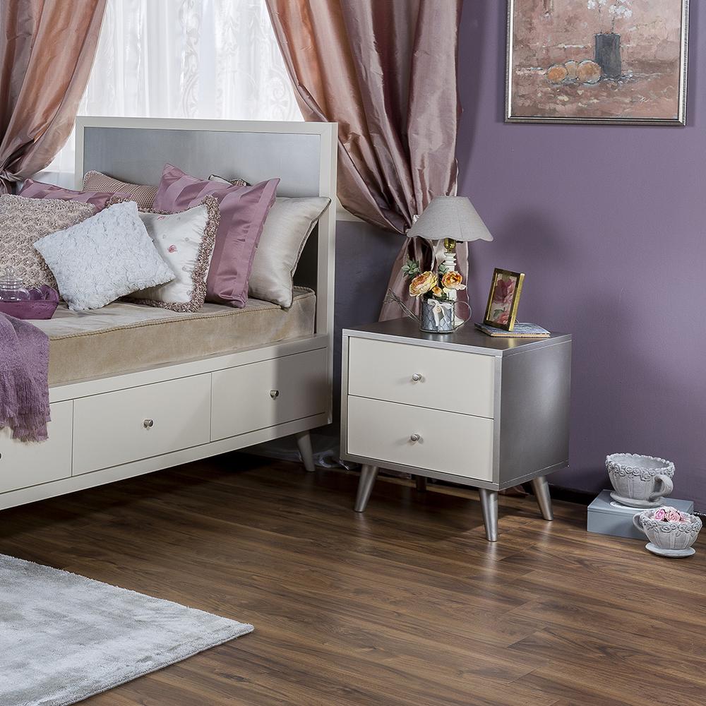 New York Solid Wood Nightstand – Mid-Century Modern 2-Drawer Bedside Chest – Handcrafted European Designer Side Table with Custom Art Appliqué