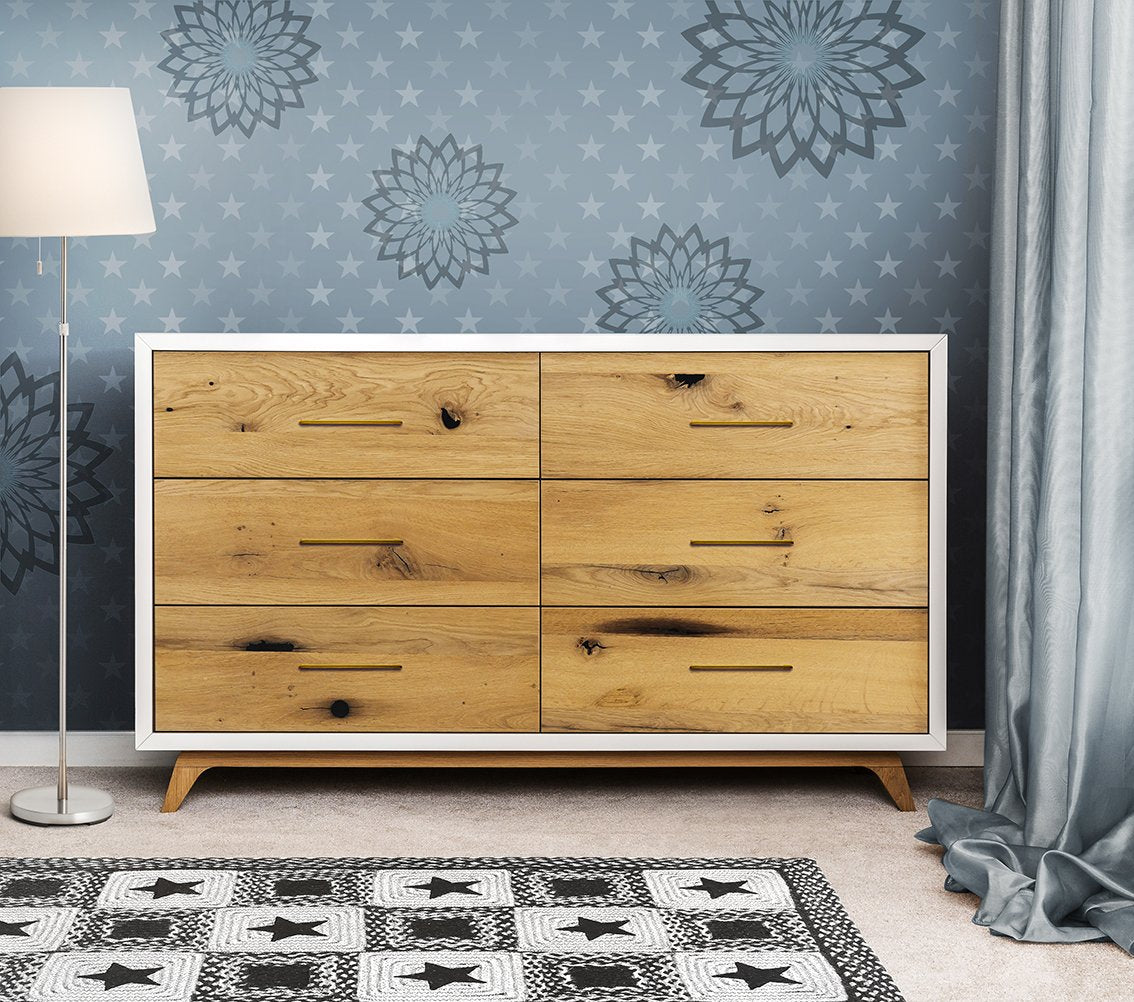 Uptown Solid Wood Double Dresser – 6-Drawer Contemporary Luxury Chest – Handcrafted Designer Storage with Custom Metallic Hardware